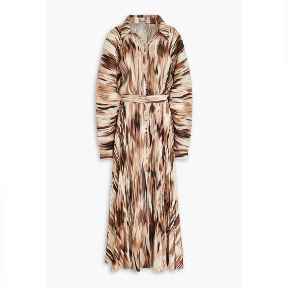 Johnathon SIMKHAI Indiana Printed Plisse Satin Midi Dress Long Sleeve - Picture 1 of 7